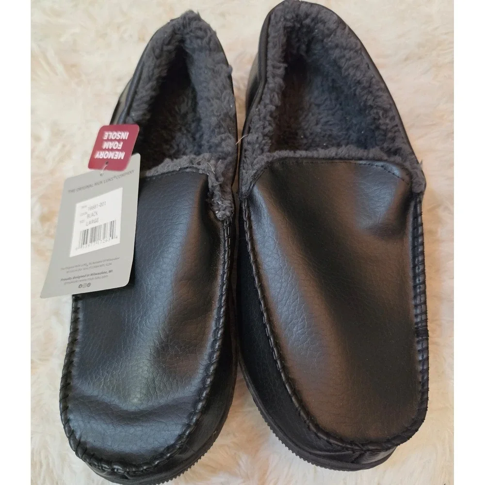 NWT Muk Luks Men's Black Faux Leather Moccasin Slippers Memory Foam Large 12-13